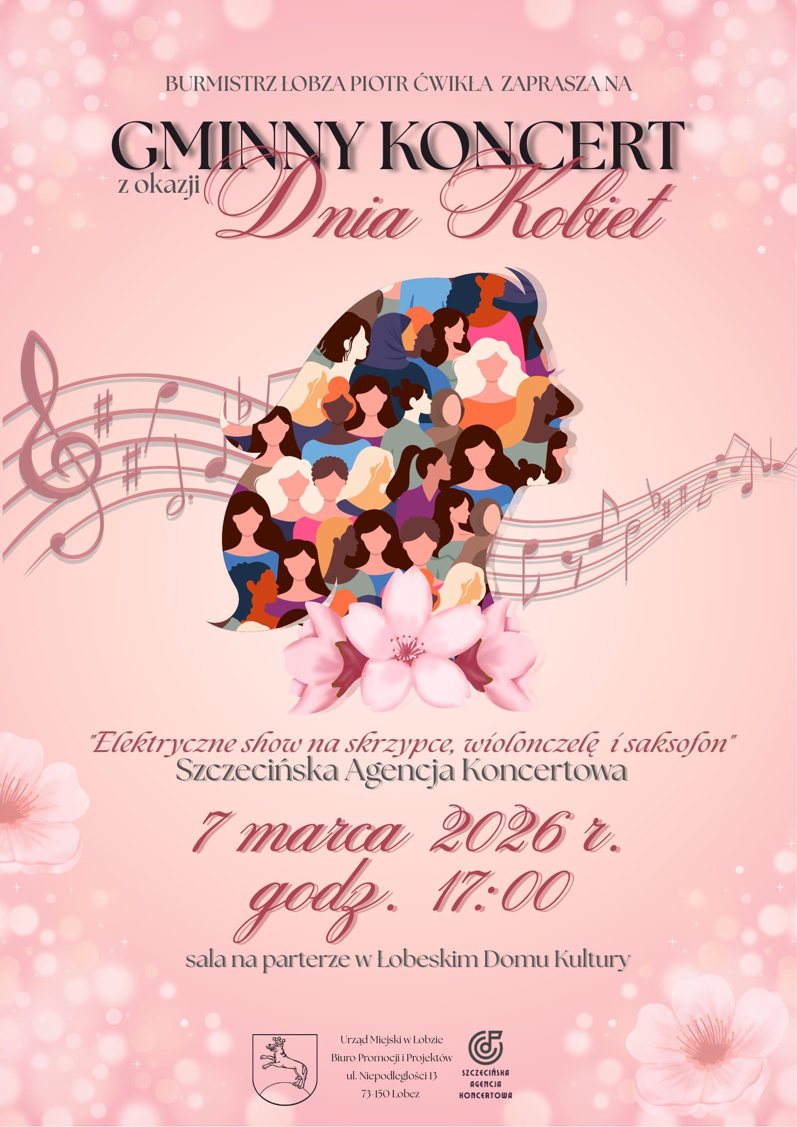 Plakat wydarzenia zawierający informacje o&nbsp;koncercie z&nbsp;okazji Dnia Kobiet