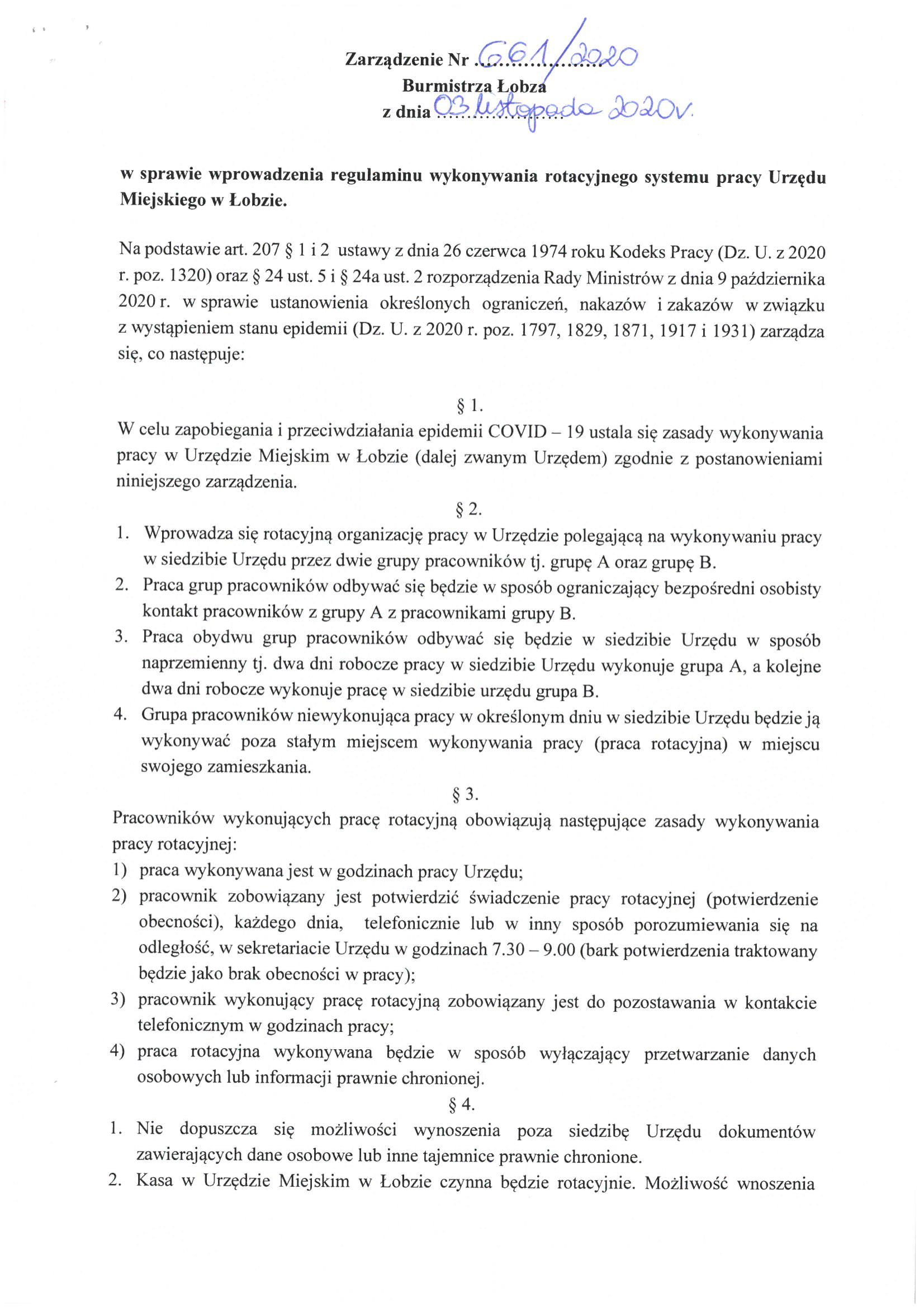 URZĄD MIEJSKI W ŁOBZIE PRACUJE W SYSTEMIE PRACY ROTACYJNEJ