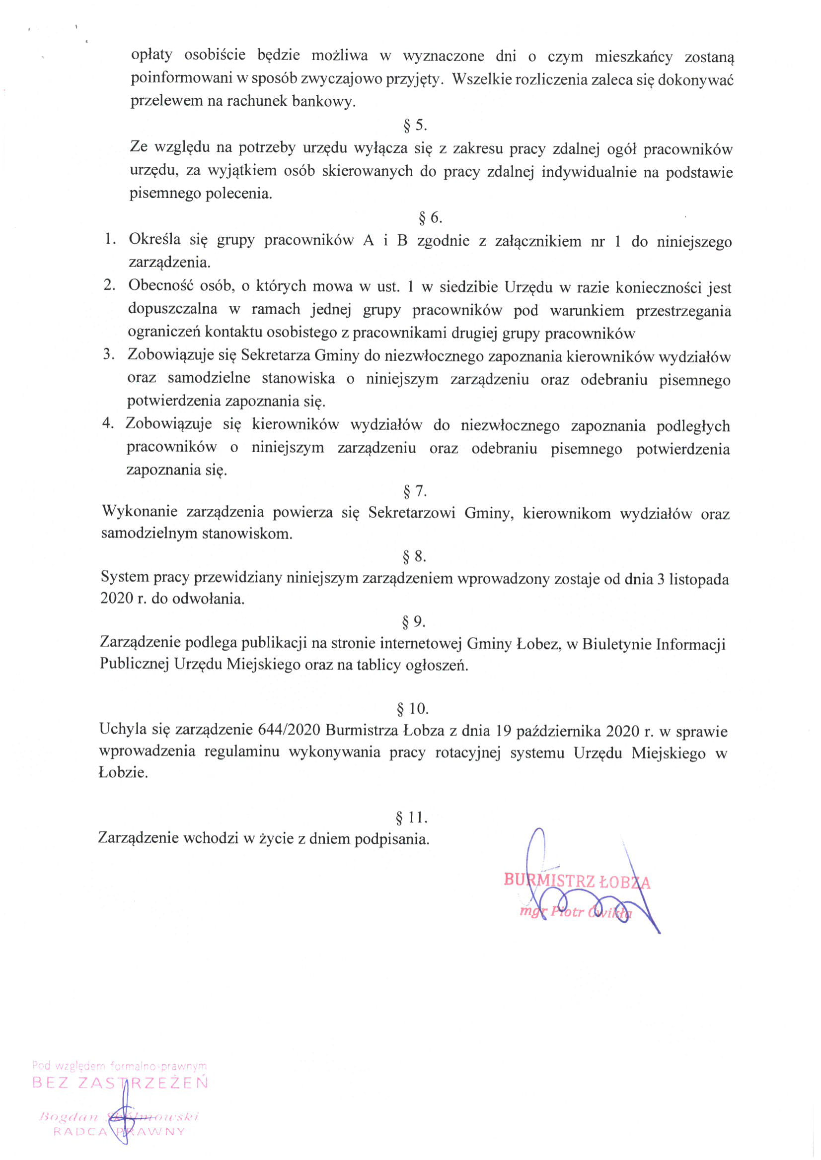 URZĄD MIEJSKI W ŁOBZIE PRACUJE W SYSTEMIE PRACY ROTACYJNEJ
