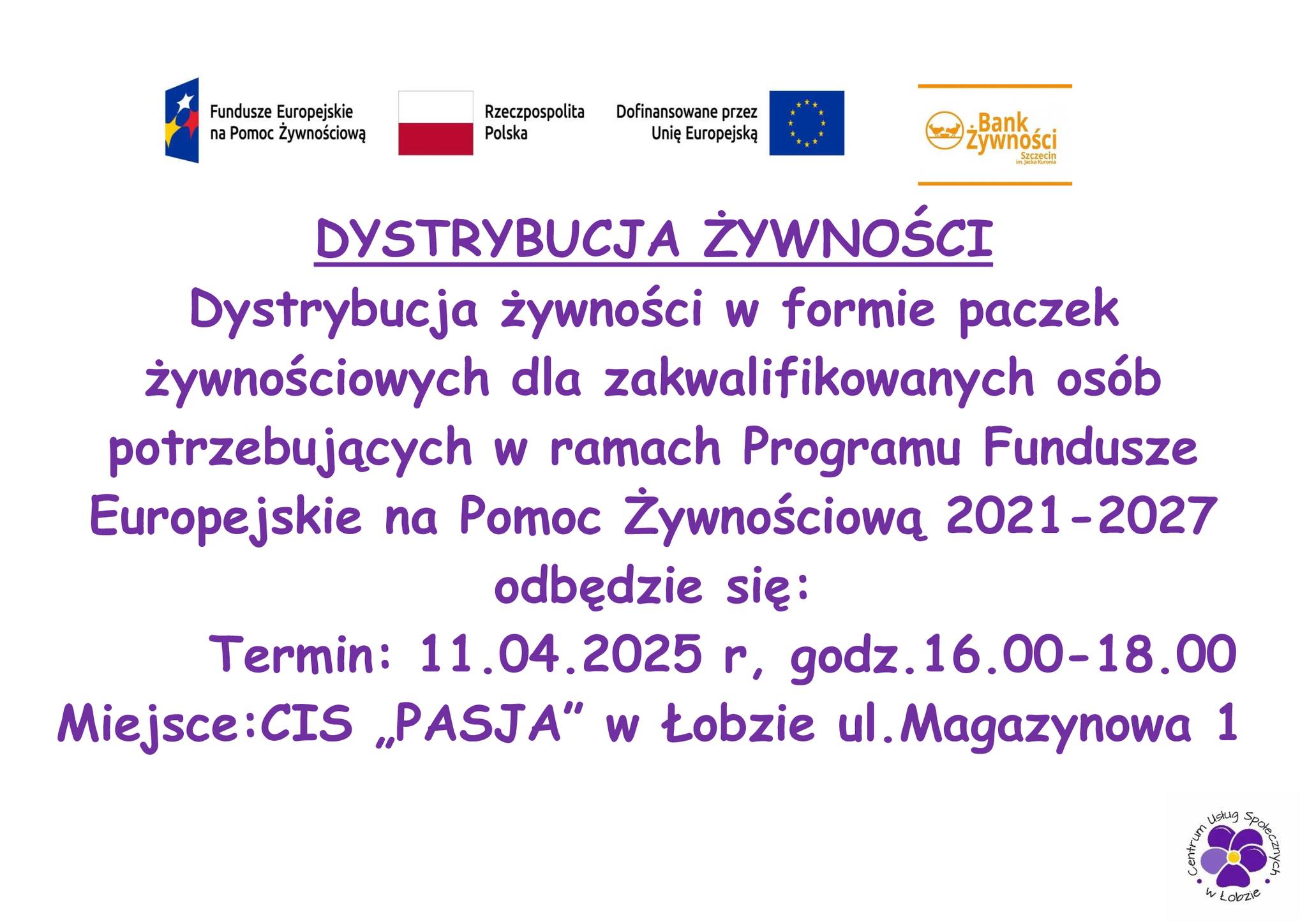 Informacja o terminie wydawania paczek żywnościowych w ramach porjektu, która odbędzie się 11 kwietnia br. o godzinie 16-18 