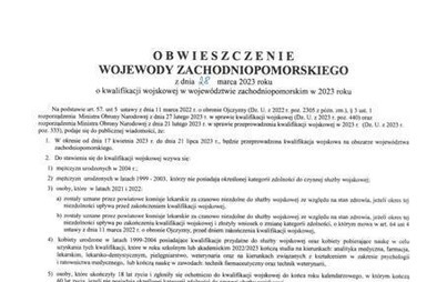 Zdjęcie do O B W I E S Z C Z E N I E WOJEWODY ZACHODNIOPOMORSKIEGO z dnia   28   marca 2023 roku o kwalifikacji wojskowej w wojew&oacute;dztwie zachodniopomorskim w 2023 roku