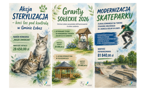 Grafika inofrmująca o pozyskaniu przez Gminę Łobez 4 dofinansowań na różne działania, w tym na sterylizację kotów wolnożyjących, 2 granty sołeckie i na remont skateparku