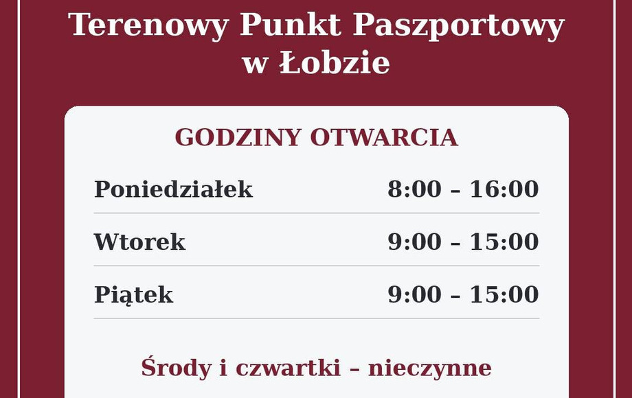 Godziny otwarcia Terenowego Punktu Paszportowego w Łobzie